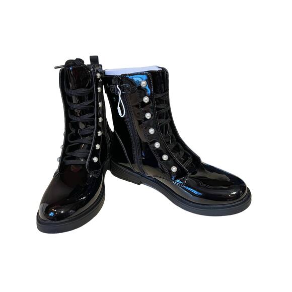 Geox Eclair Pearl Combat black Boots Italian faux Patent leather womens 39/ US 8 - Picture 3 of 10